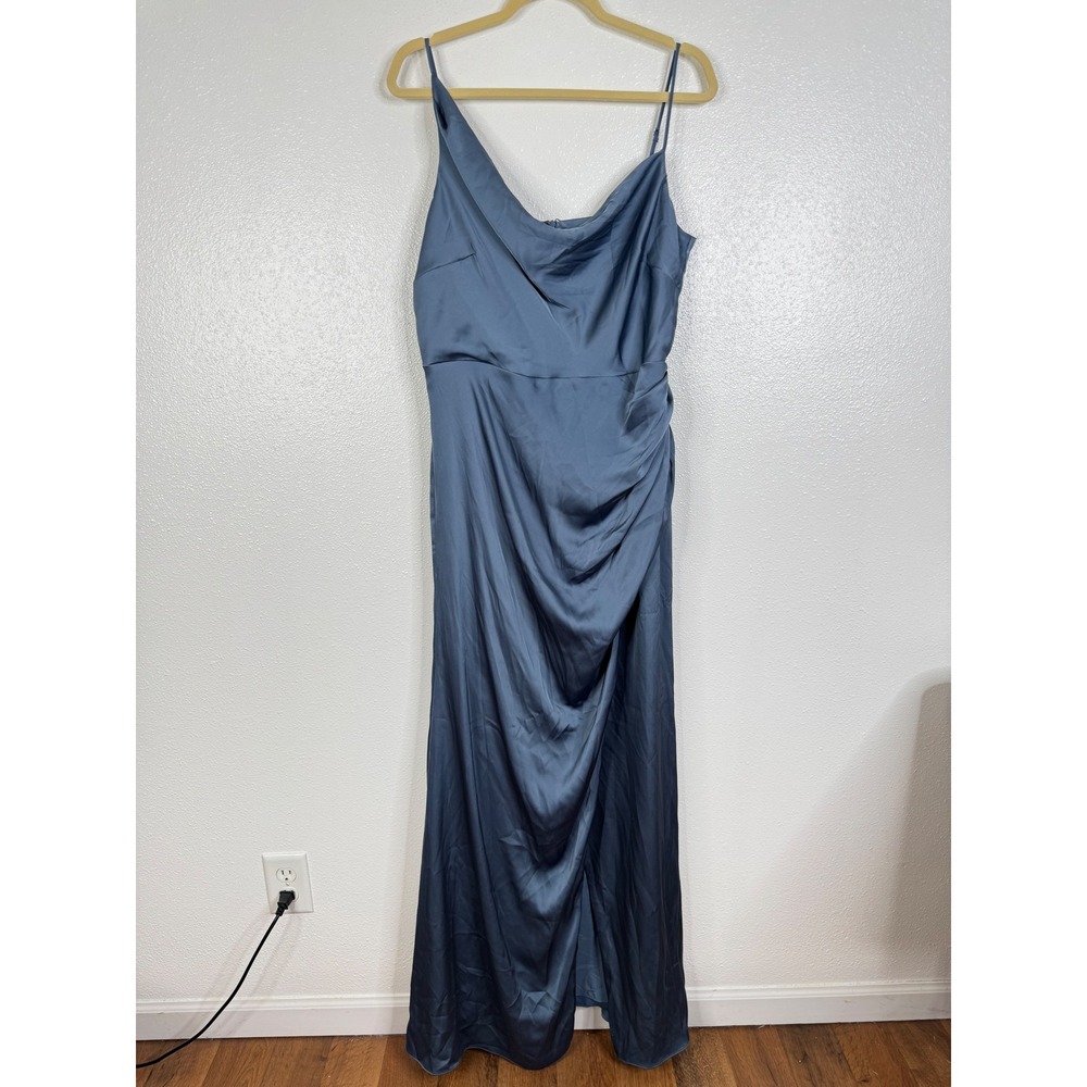Birdy Grey Lisa Cowl Neck Satin Maxi Dress Slate Blue XL Bridesmaid Formal Gown